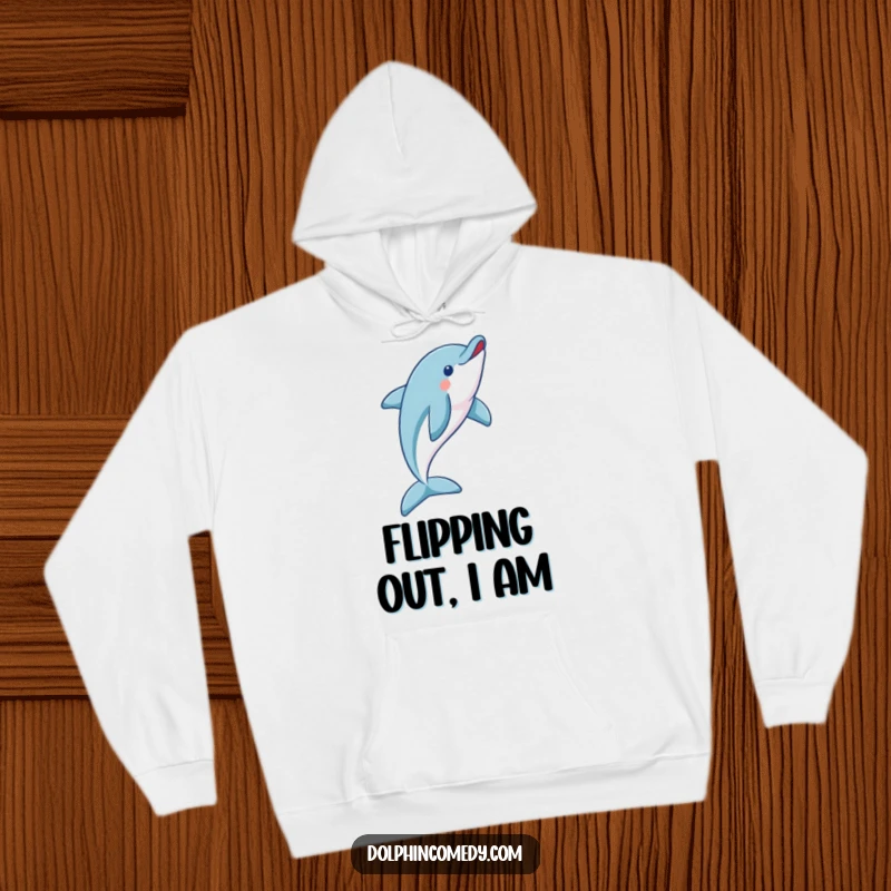 Funny dolphin hoodie showing a playful dolphin performing a magnificent flip, perfect for outdoor enthusiasts.