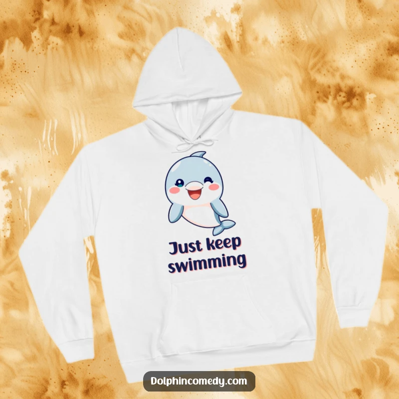 Funny Fleece Hoodie featuring a friendly dolphin character with a massive, welcoming smile, perfect for cozying up, an ideal funny gift.