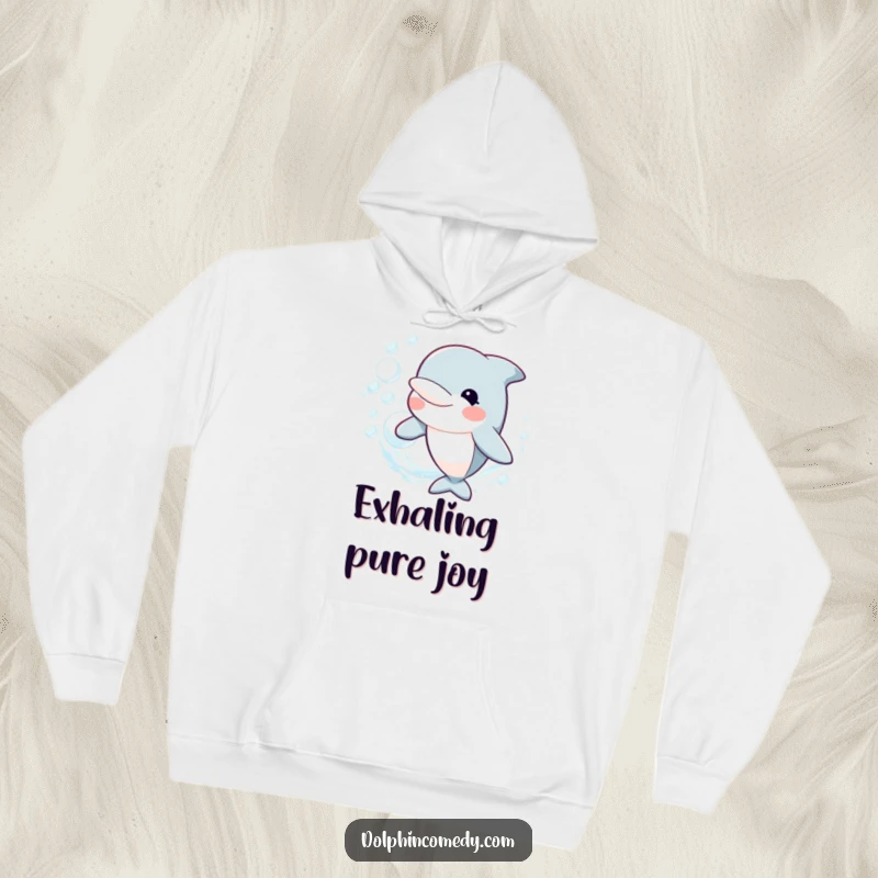 Funny Hoodie depicting a happy dolphin blowing a perfect ring of bubbles, cozy and cheerful, an ideal funny gift.