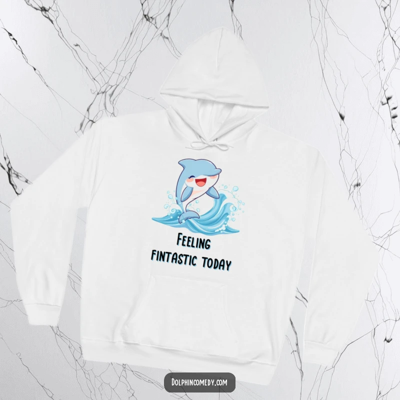 Funny hooded sweatshirt featuring a happy dolphin leaping from a sparkling wave, embodying aquatic celebration and warmth.