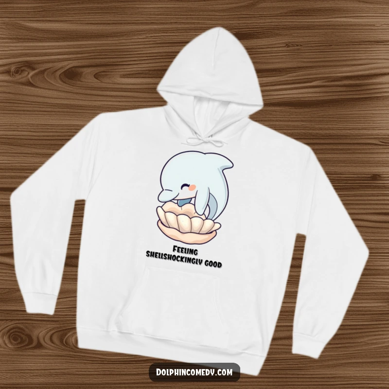 Funny Dolphin Hoodie: Cozy dolphin nudges a seashell, embodying playful exploration, a wonderful funny gift for all.