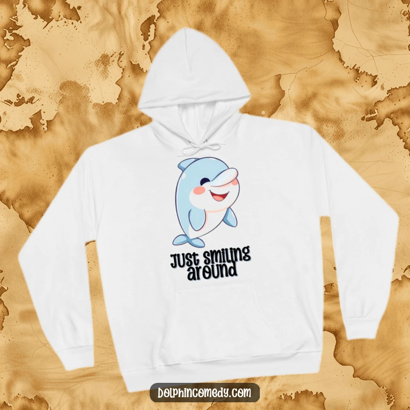 Funny friendly dolphin hoodie featuring a smiling dolphin with a wide, approachable grin, great for cozy wear.