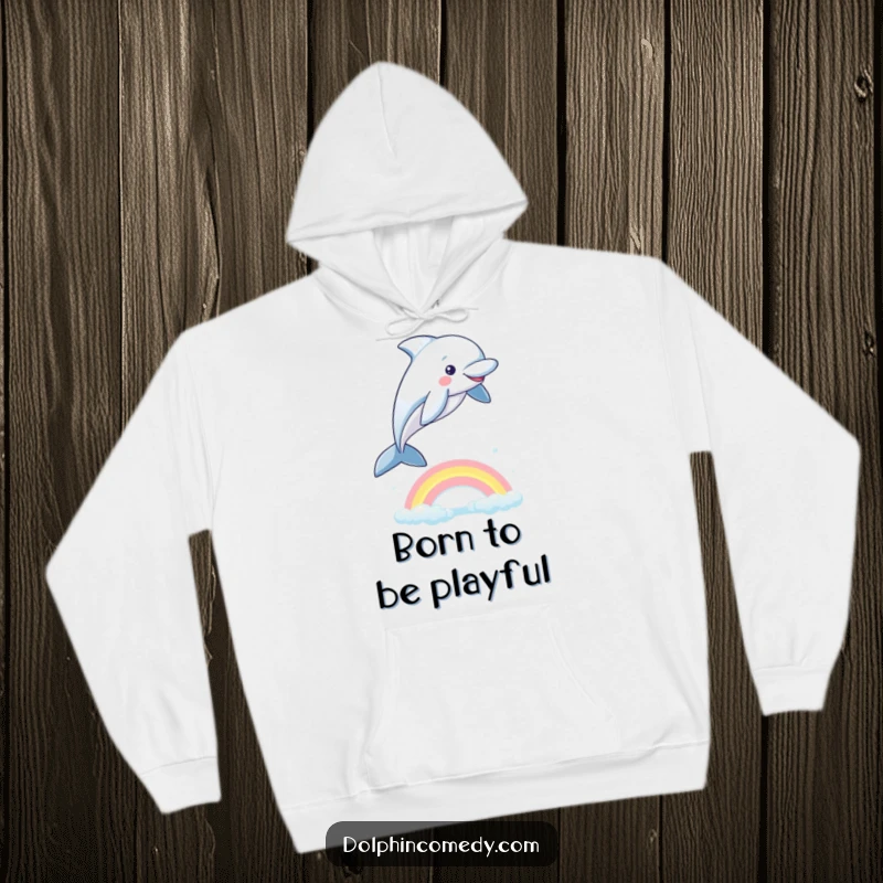 Funny Dolphin Hoodie: A cozy hoodie featuring a playful dolphin jumping over a rainbow, blending warmth with oceanic wonder.
