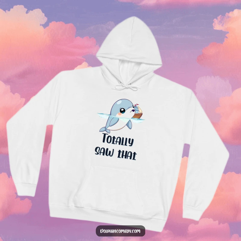Funny hoodie displaying a surprised dolphin with enormous eyes, looking at a distant ship, perfect for cozy, humorous wear.