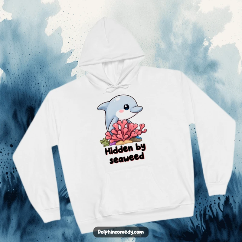 Funny comfortable hoodie with a curious dolphin peeking from behind a detailed coral reef, perfect for lounging.
