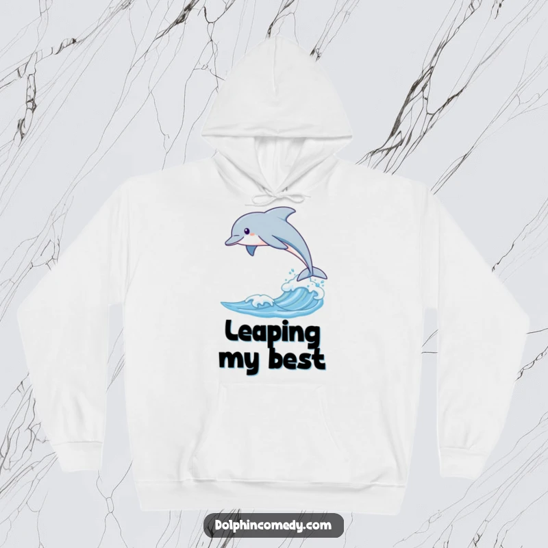 Funny hoodie featuring a sleek dolphin leaping over a gentle wave, perfect for staying warm and stylish.
