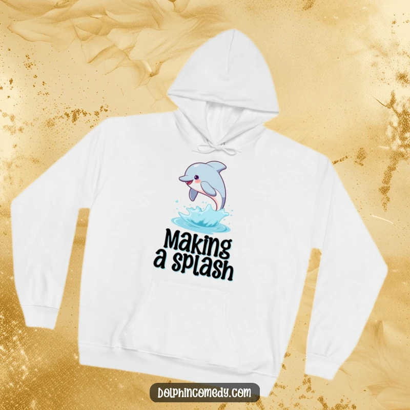 Funny dolphin hoodie illustrating a happy dolphin leaping high with a splash, perfect for staying warm and inspired by the sea.