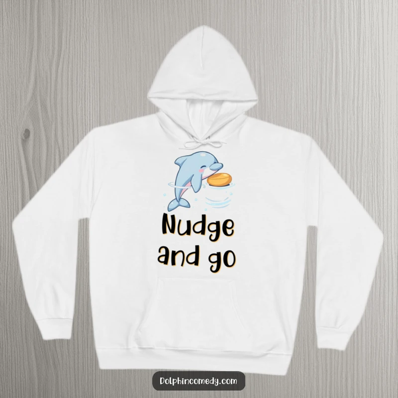 Funny dolphin hoodie featuring a playful dolphin nudging a floating object, designed for warmth and humor.
