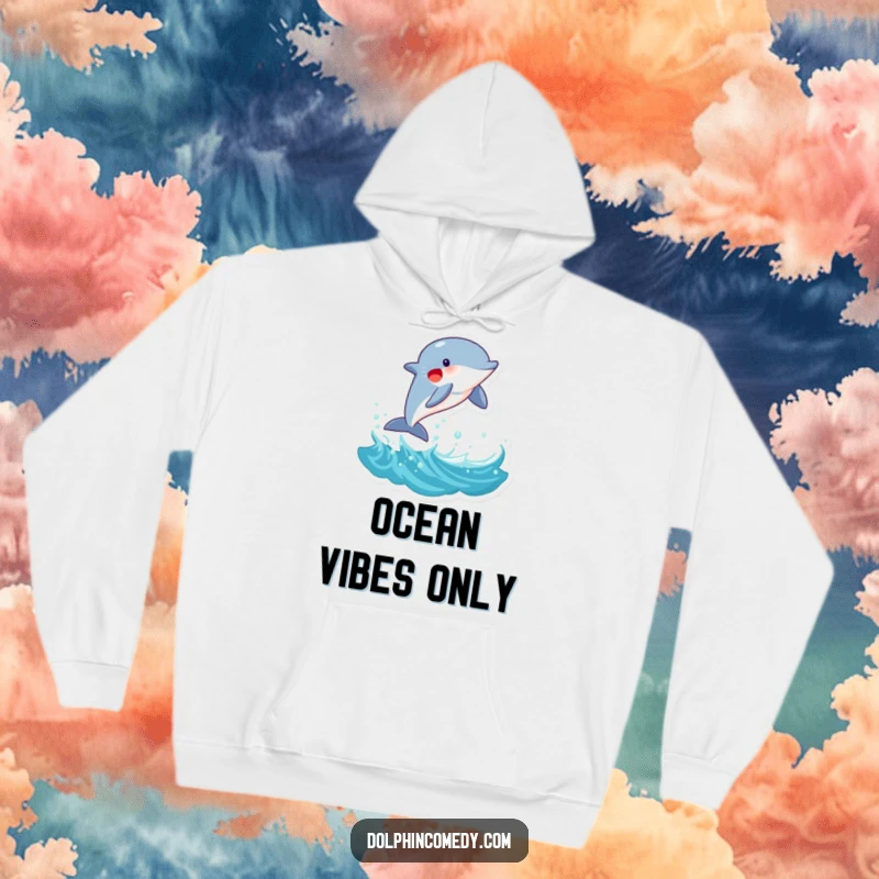 Funny Dolphin Hoodie: A depiction of a joyful dolphin leaping from a wave, perfect for staying cozy with marine-inspired humor, a funny gift.