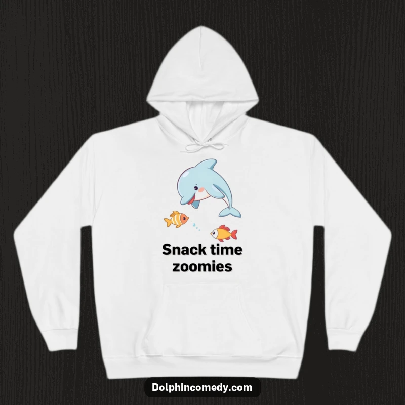 Playful Dolphin Hoodie depicting a dolphin energetically chasing a small fish, a fun and cozy piece of apparel.