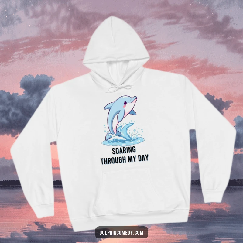 Funny hoodie featuring a dolphin breaching the water in a joyous arc, perfect for staying warm while feeling inspired.