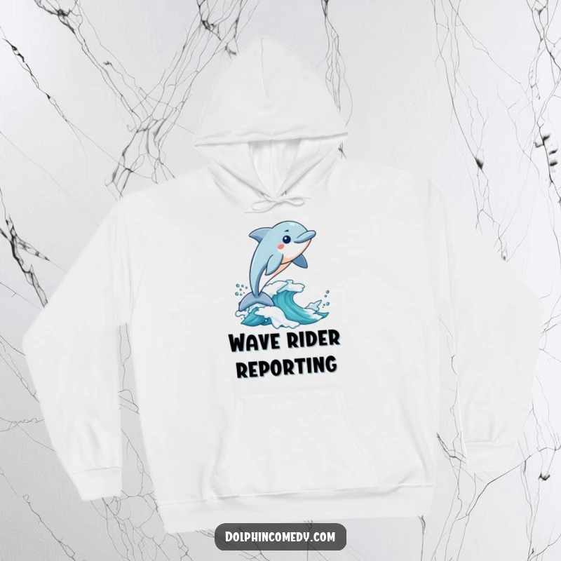 Funny Hoodie: An excited dolphin rides a wave with pure joy, designed for cozy wear and humorous appeal.