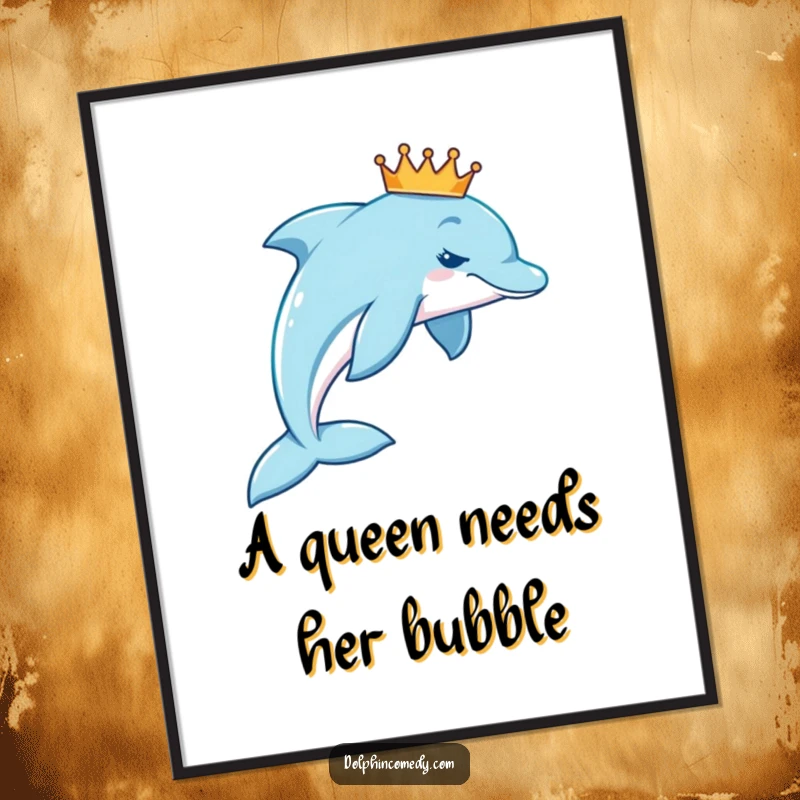 Funny Free Printable Wall Art depicting a charming dolphin wearing a small, dignified crown, swimming gracefully.