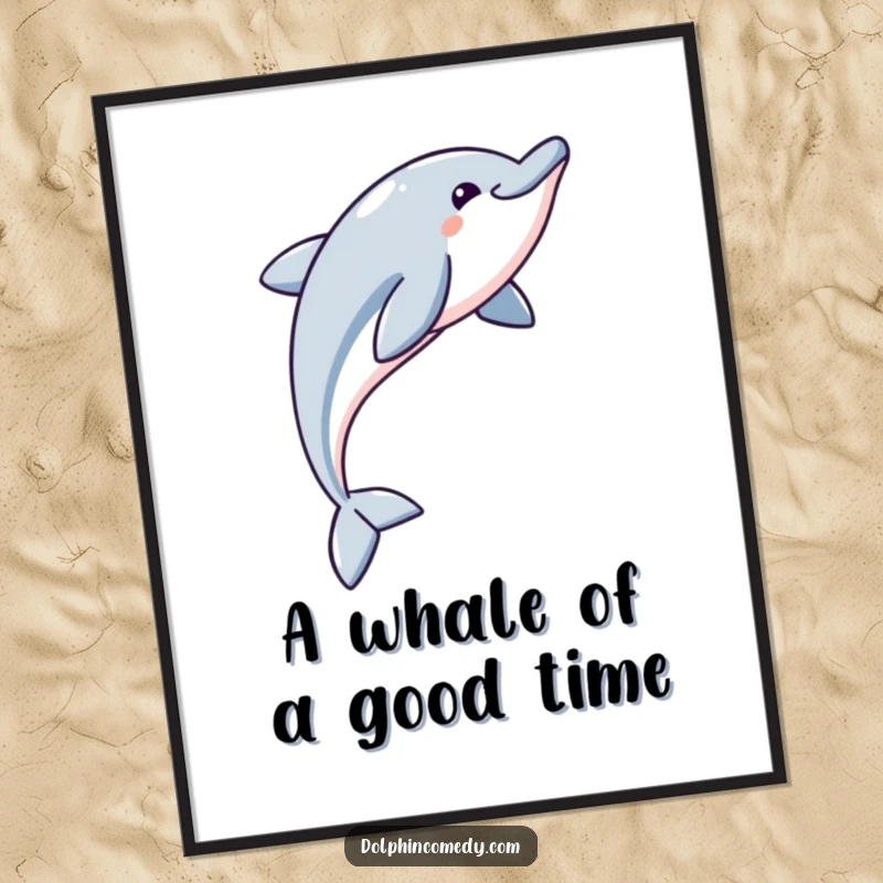 Funny Free Printable Wall Art: A delighted dolphin performs a graceful arc through the blue air, full of joy.