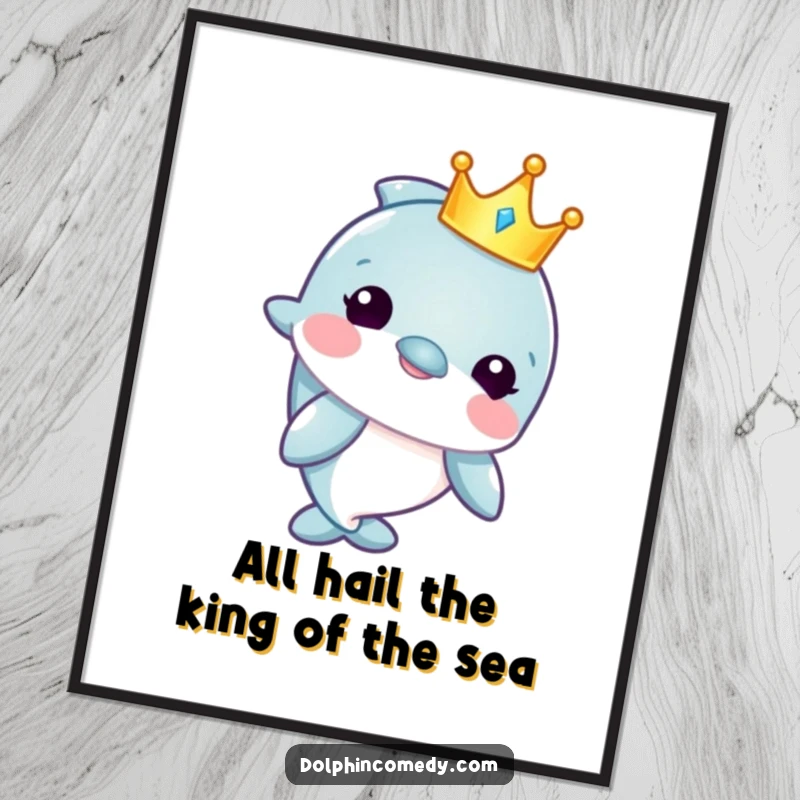 Funny Free Printable Wall Art: A charming dolphin sporting a shiny crown, exuding regal humor for your home decor.