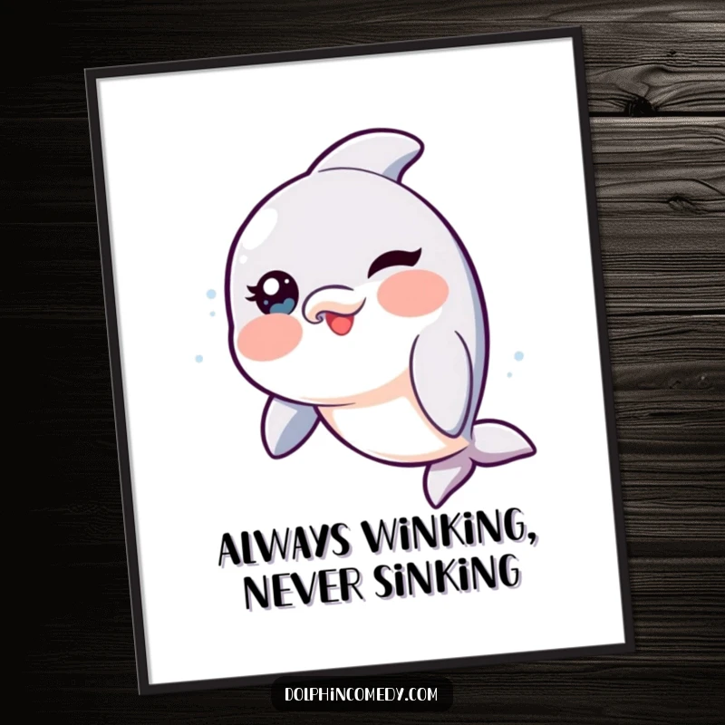 Free Printable Wall Art: Adorable dolphin with rosy cheeks gives a cheeky, playful wink directly to you.