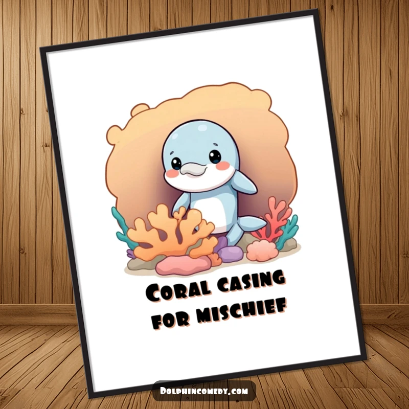 Funny Free Printable Wall Art: A mischievous dolphin with a sly grin peeks from behind colorful coral.