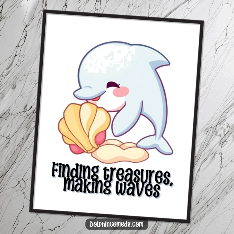 Funny Free Printable Wall Art: A playful dolphin nudging a beautiful seashell, capturing a moment of seaside curiosity and charm.
