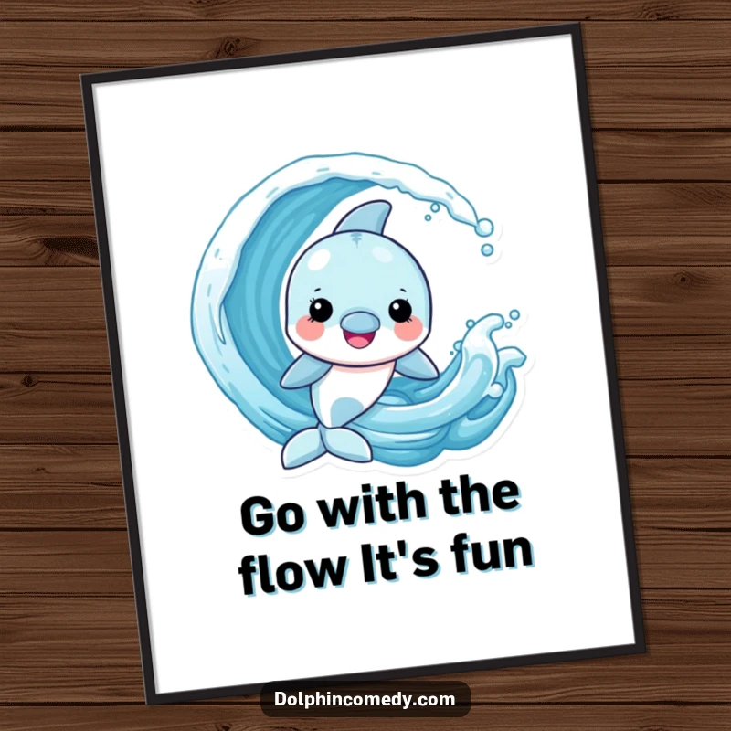 Funny Free Printable Wall Art: Cheerful Dolphin joyfully playing with a dynamic, playful ocean wave