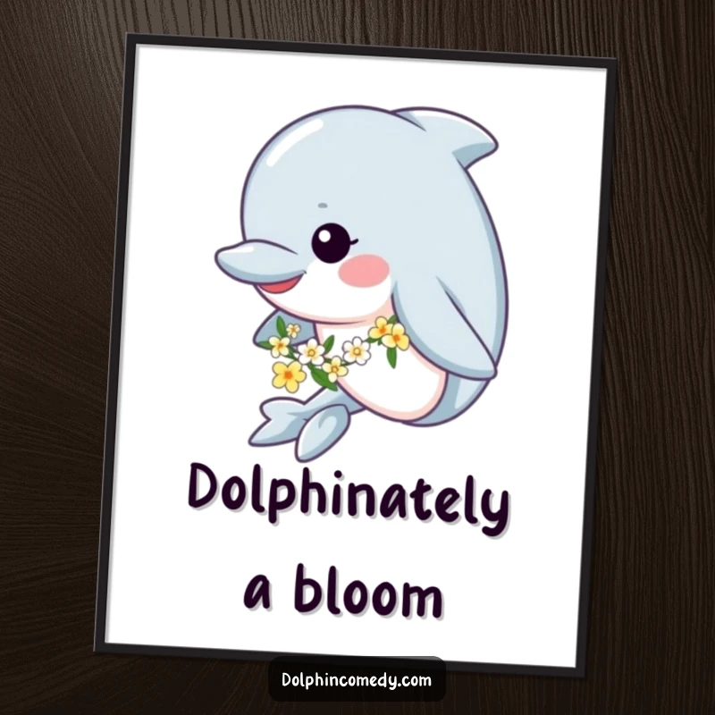 Funny Free Printable Wall Art: A happy dolphin wearing a delicate flower garland swims serenely in blue ocean waters, a charming scene.