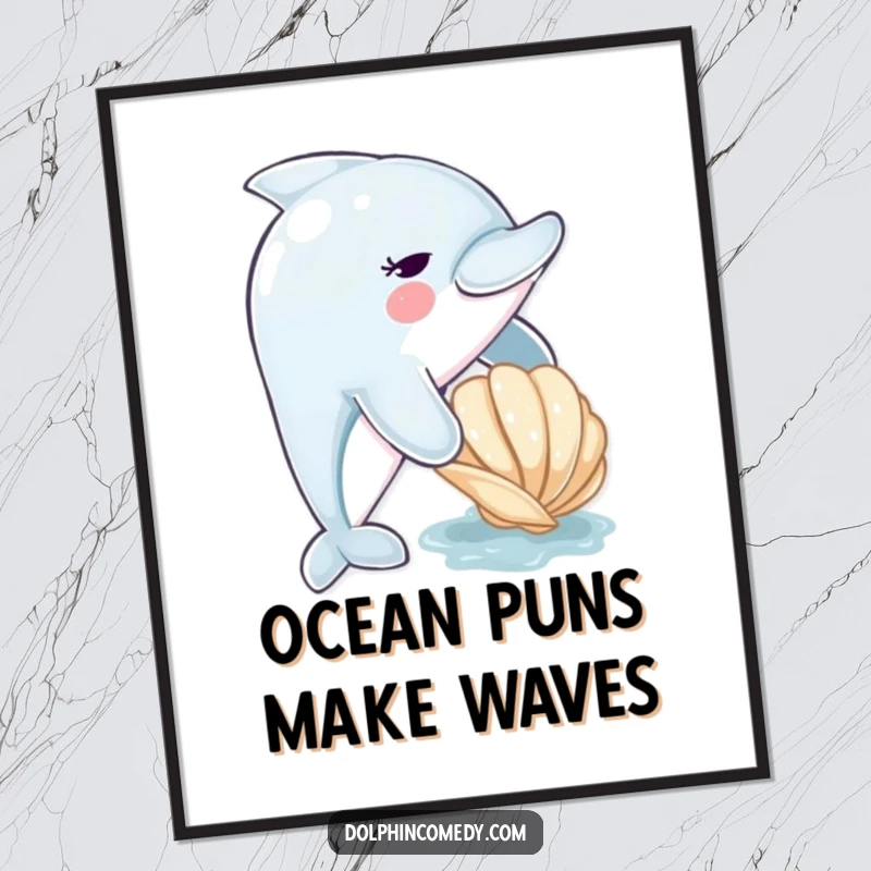 Funny Free Printable Wall Art: A cute dolphin playfully nudging a seashell, designed for laughs.