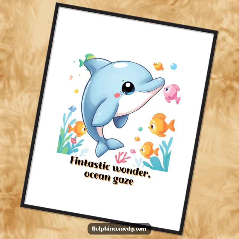 Funny Free Printable Wall Art: A dolphin with wide eyes gazes in humorous wonder at a school of colorful fish.