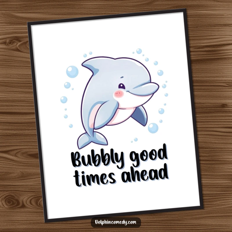 Funny free printable wall art: A dolphin with a playful, mischievous grin circles playfully, surrounded by a delightful cascade of bubbles.