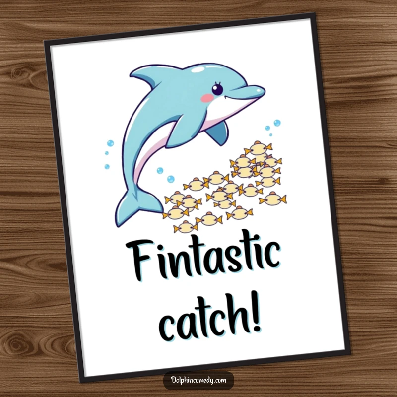 Funny Free Printable Wall Art: Dolphin playfully and energetically chases a fleeing school of tiny fish.