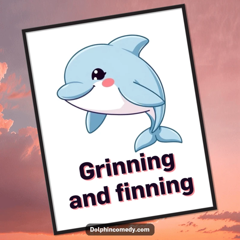Funny Free Printable Wall Art: A dolphin with a huge, friendly grin swims swiftly across the ocean.