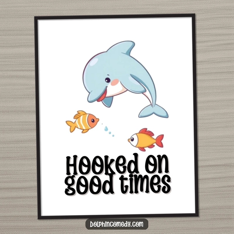 Funny Free Printable Wall Art: A dolphin playfully chasing a small fish, depicting lively underwater action, downloadable decor.