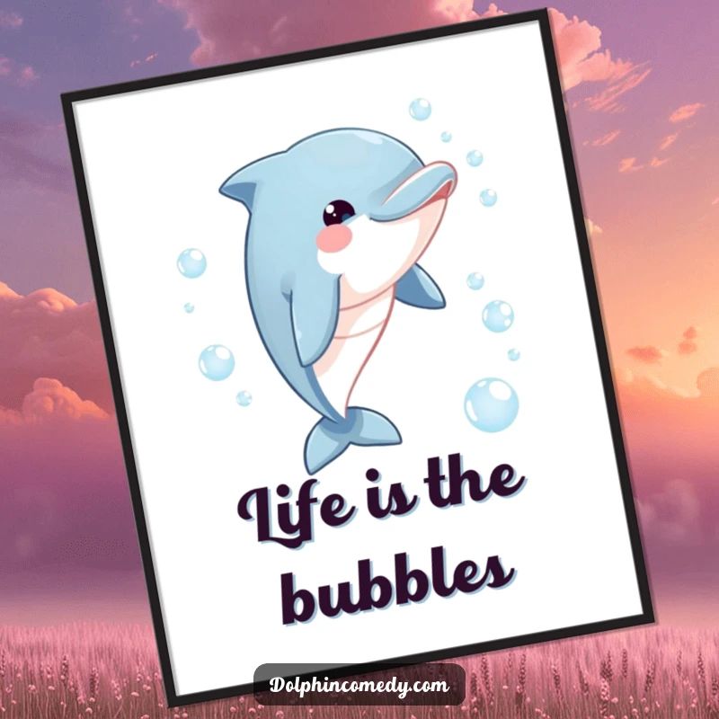 Funny Free Printable Wall Art of a playful dolphin with a delighted expression chasing a cluster of fizzy bubbles.