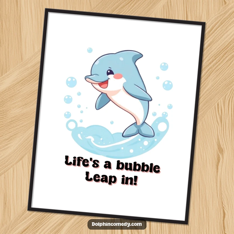 Funny Free Printable Dolphin Wall Art: A smiling dolphin gracefully leaps through a magical ring of bubbles, bringing joy to the space.