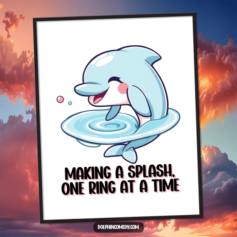 Funny Free Printable Wall Art: A dolphin with a wide, playful grin blows a perfect, glistening water ring.