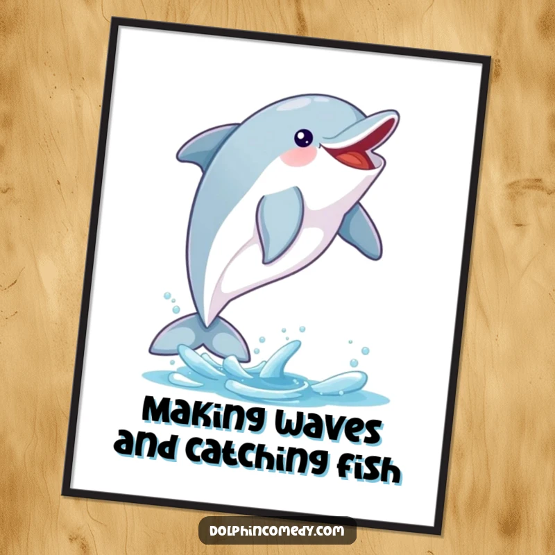 Funny Free Printable Wall Art: An excited dolphin caught mid-leap, triumphantly snagging a shimmering fish from the air.