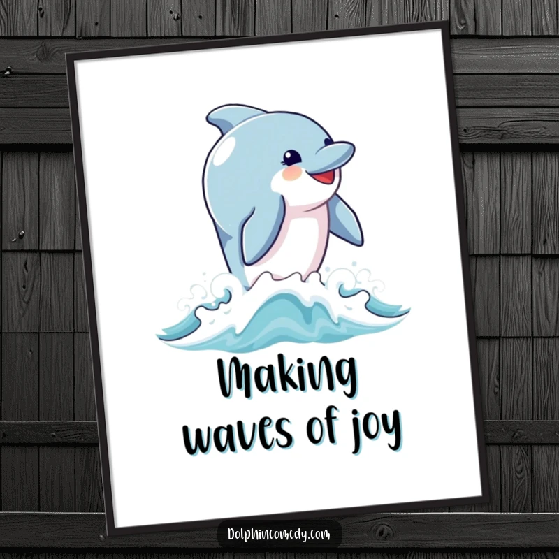 Funny Free Printable Wall Art: A dolphin with an ecstatic expression breaches blue ocean waves, radiating pure, unadulterated joy.