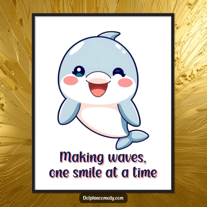 Funny free printable wall art featuring a friendly dolphin with a huge, infectious smile, creating a cheerful nautical vibe.