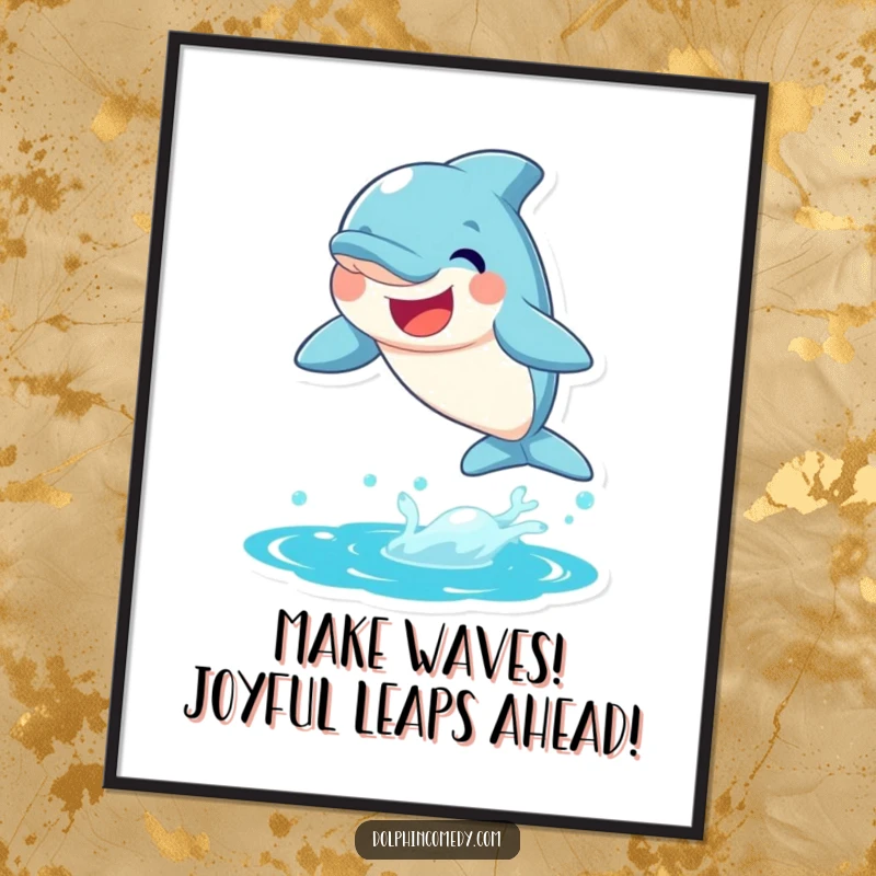 Funny free printable wall art: a joyful dolphin with a big smile leaping energetically from the vibrant blue water.