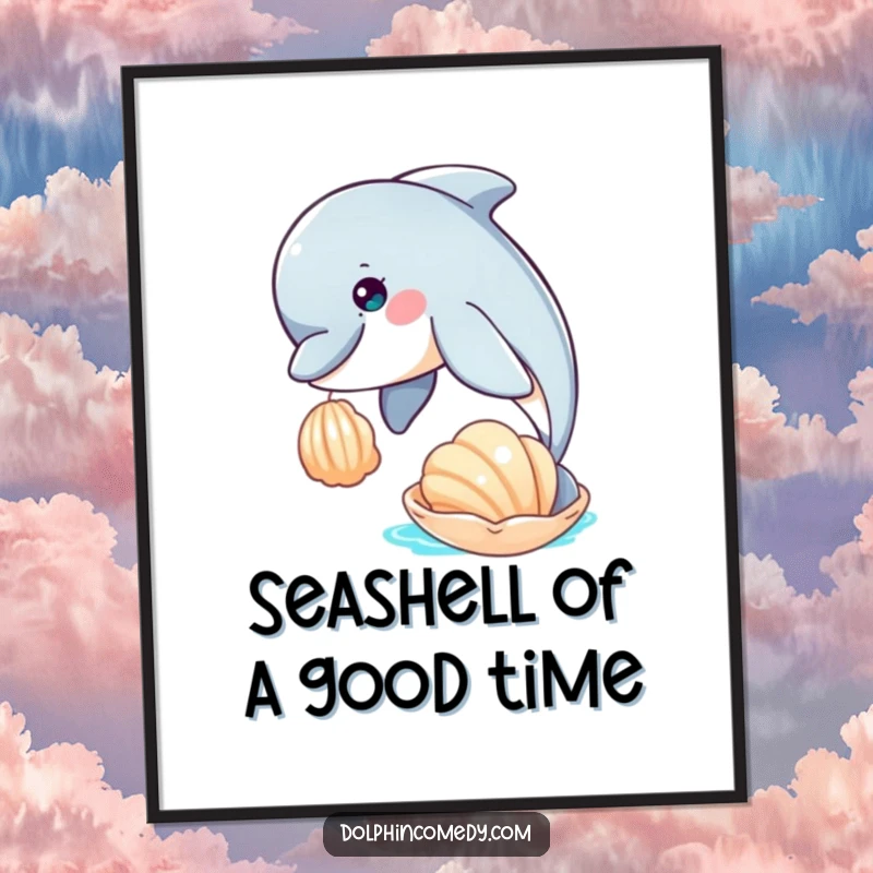 Funny free printable wall art: A curious dolphin with gentle eyes playfully interacts with a beautiful seashell floating in the blue sea.