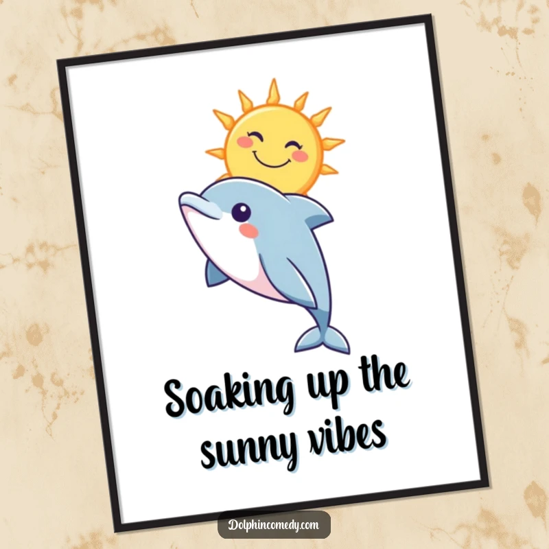 Funny Free Printable Dolphin Wall Art depicting a curious dolphin observing a stylized, happy sun in the sky.