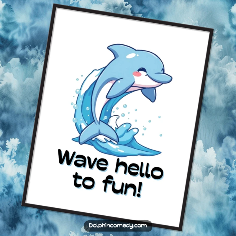 Funny Free Printable Wall Art: A happy dolphin makes a spectacular leap out of a cresting, sparkling blue wave.