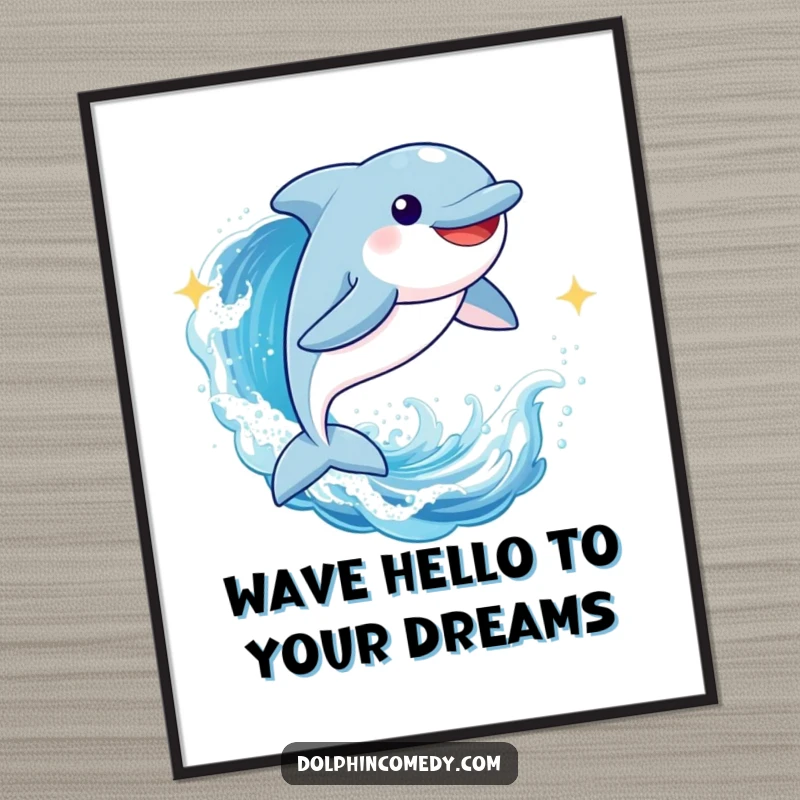 Funny Free Printable Wall Art: A joyful cartoon dolphin soars through the air above a sparkling, sunlit ocean wave.