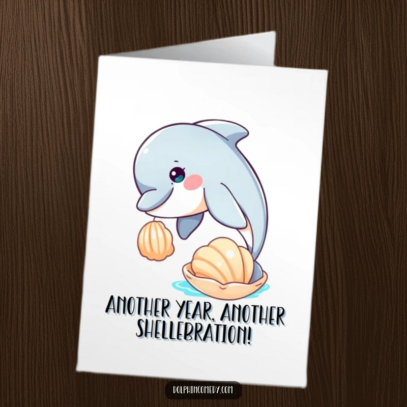 Funny free printable birthday card: A dolphin with a curious gaze playfully nudges a pretty, floating seashell in the ocean.