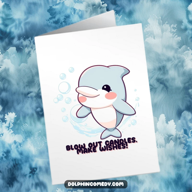Funny free printable birthday card featuring a happy dolphin blowing a perfect ring of bubbles, symbolizing joyful celebration and good times.