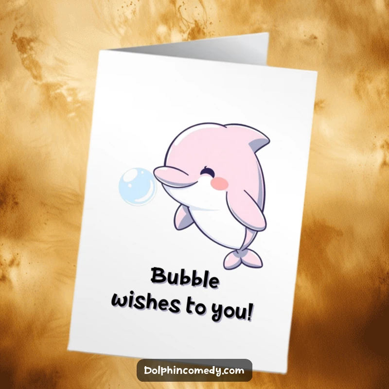 Funny free printable birthday card featuring a smiling dolphin joyfully blowing a large, shimmering water bubble, spreading birthday cheer.