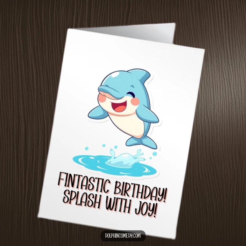 Funny free printable birthday card: a joyful dolphin leaping high from the water with a huge, happy smile.