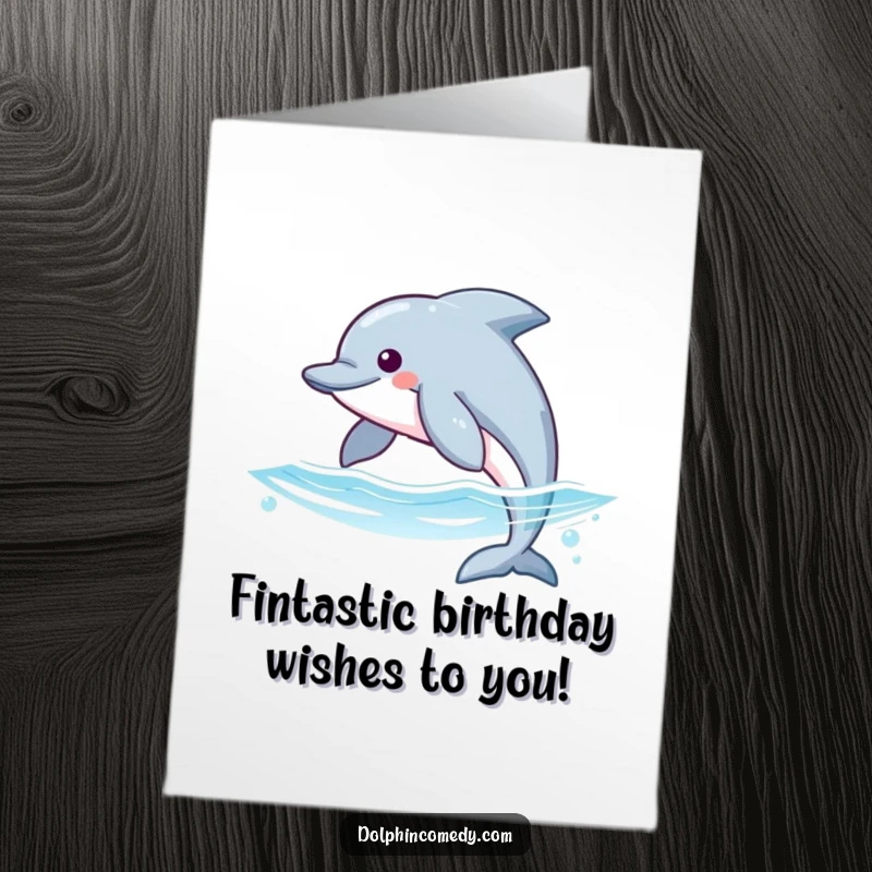 Funny Free Printable Birthday Card featuring a sleek dolphin gliding effortlessly through shimmering blue water, conveying aquatic joy.