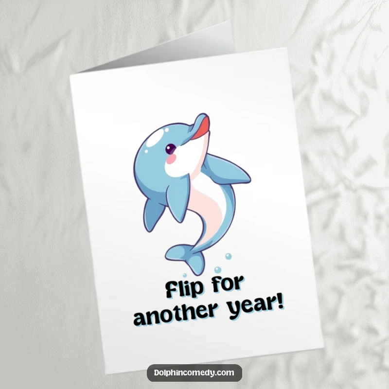 Funny Free Printable Birthday Card: A cheerful dolphin mid-somersault, eyes bright with excitement, perfect for birthday wishes.