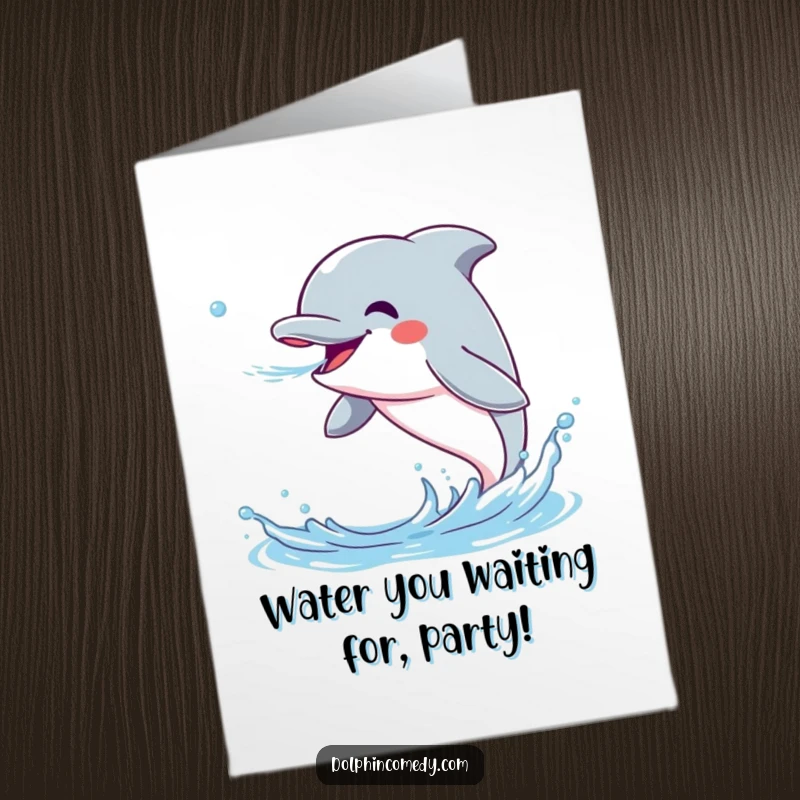 Funny Free Printable Birthday Card: Excited dolphin spraying water joyfully, perfect for a fun downloadable greeting.