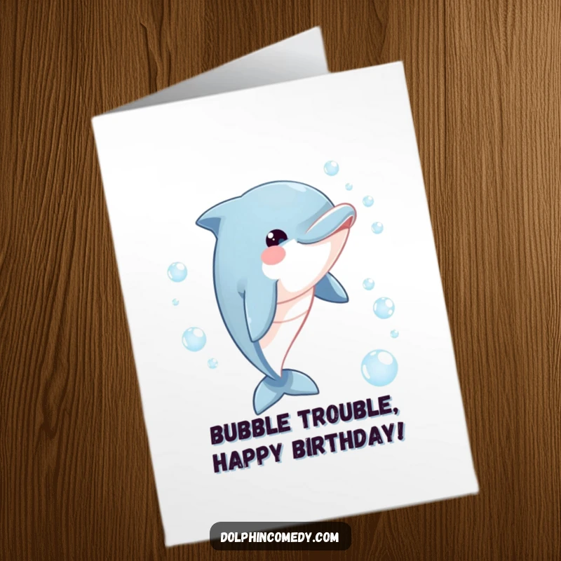 Funny Free Printable Birthday Card featuring a happy dolphin joyfully chasing a stream of shimmering bubbles.