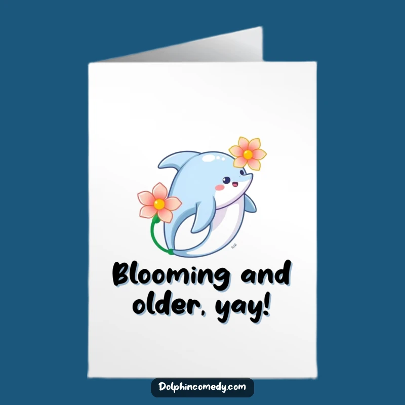 Free Printable Birthday Card: Graceful Dolphin Flower Wish, Elegant Funny Downloadable Gift